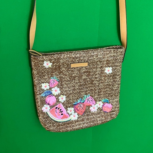 Vera Bradley Handbags - Vera Bradley Brown Crossbody Bag with Fruit Embroidery